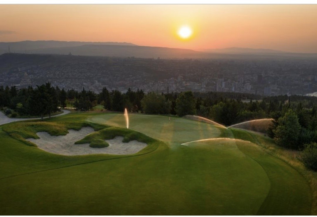 Tabori Golf Club course at sunset overlooking Tbilisi